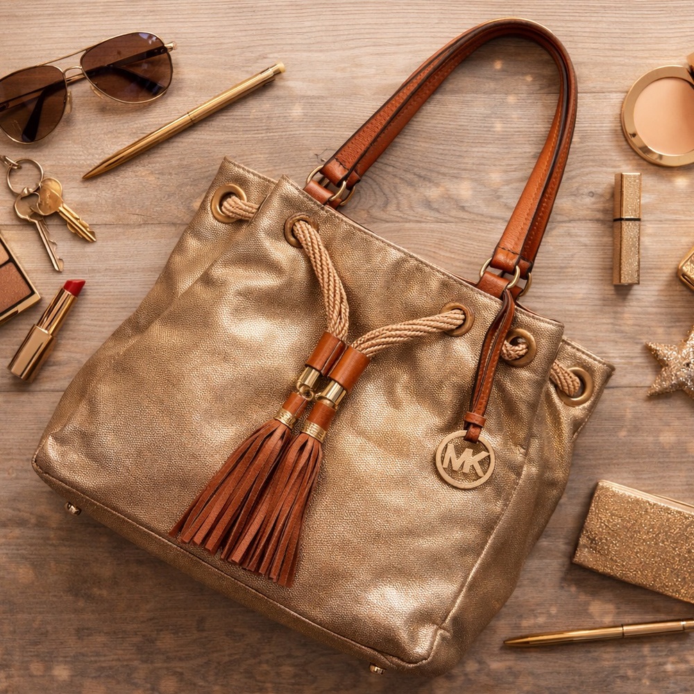 Michael Kors Gold Metallic Shoulder Bag with Brown Leather Accents - Picture 2 of 16